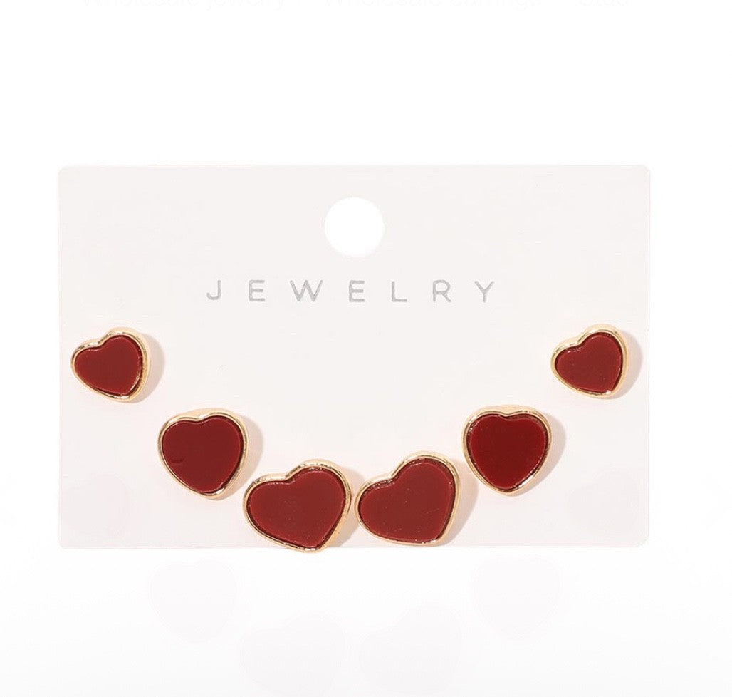 3pcs Red Enamel Heart Stud Earrings Gold Tone Minimalist Stacking Jewelry Set