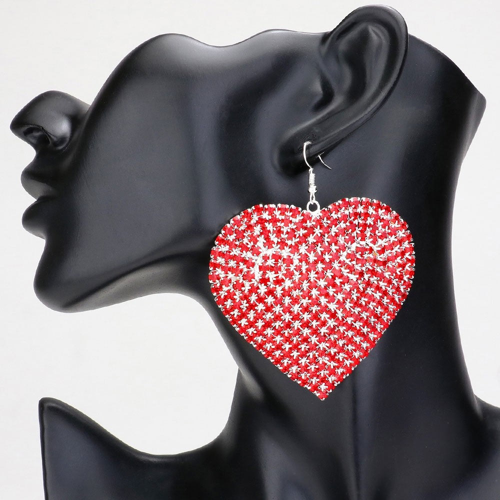 Vibrant Red Full Crystal Rhinestone Pave Heart Drop Statement Fashion Earrings