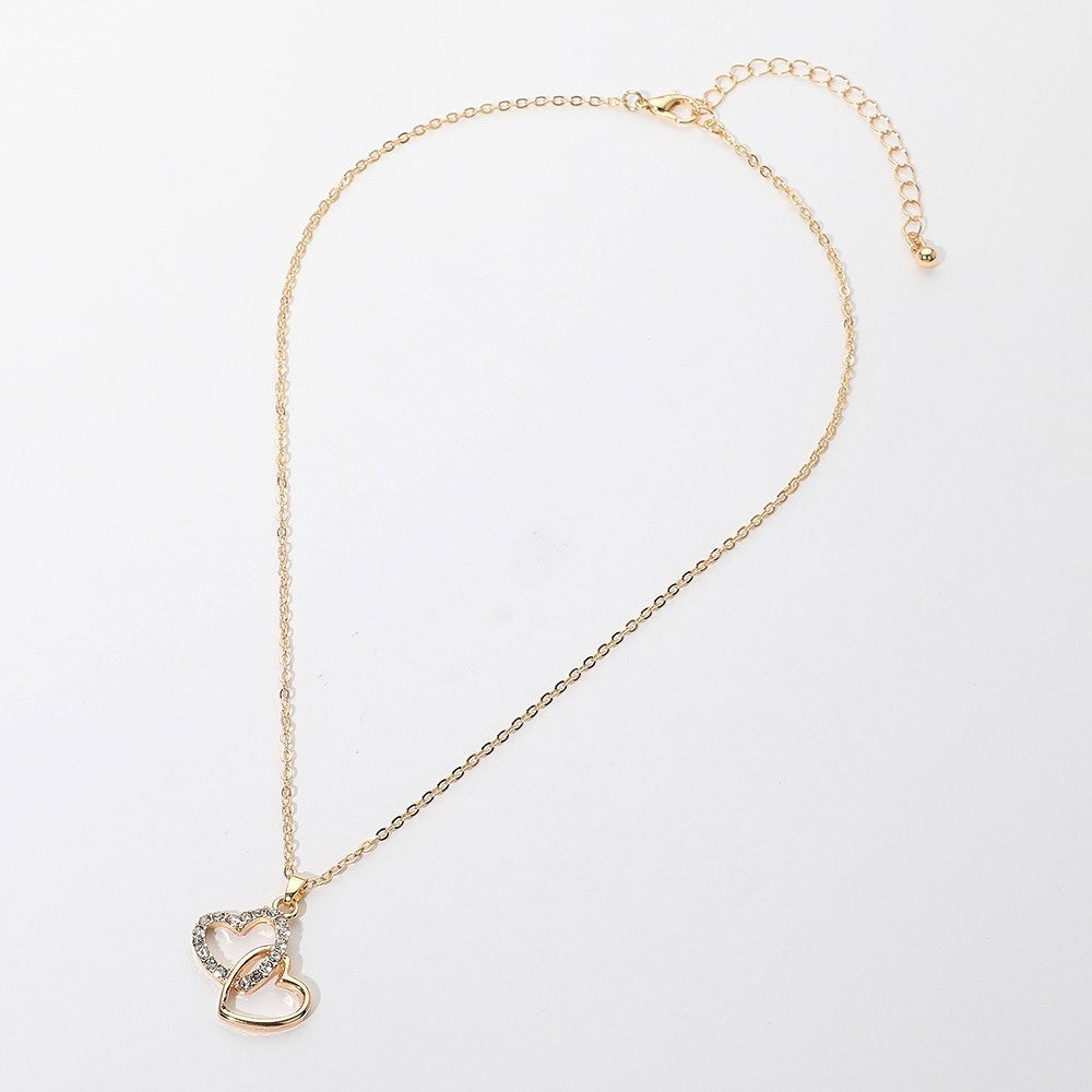 Gold Dipped Interlocking Heart Necklace Crystal Rhinestone Love Pendant