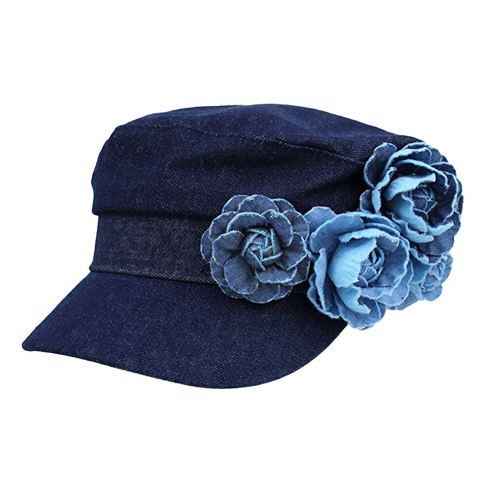 Women's Denim Beret Hat with Embroidered Flowers Chic Casual French Style Caps