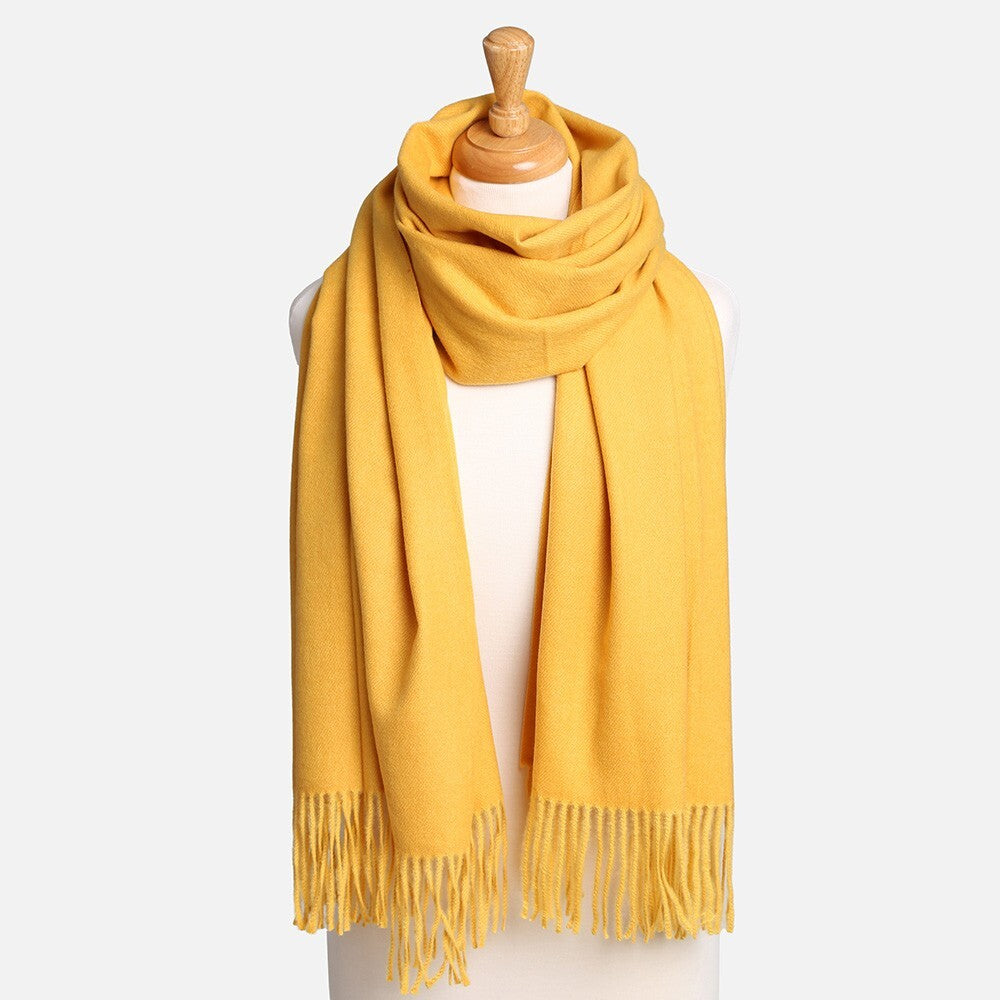 Mustard Yellow Oblong Scarf with Tassels Lightweight Soft Solid Wrap for Women