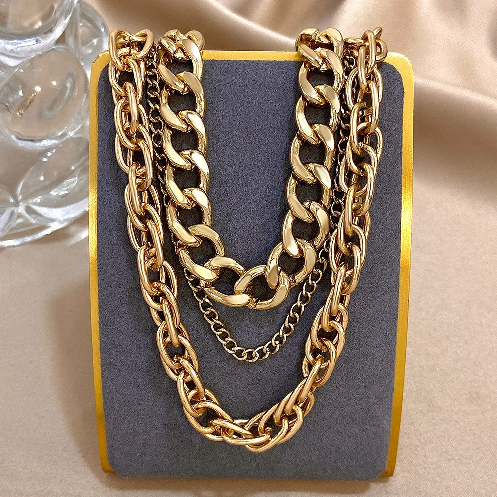 Gold Tone Layered Curb & Cable Chain Statement Necklace
