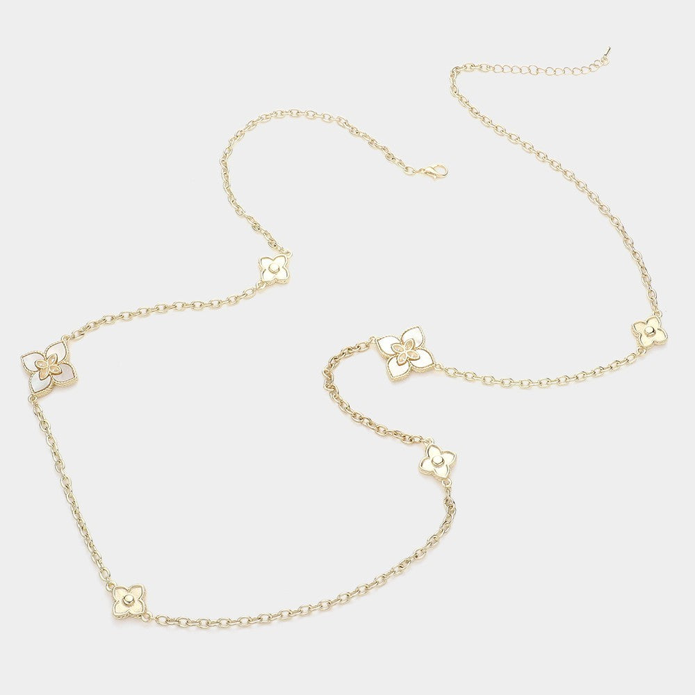 CZ Stone Mother of Pearl Station Long Necklace Gold Tone Layering Jewelry