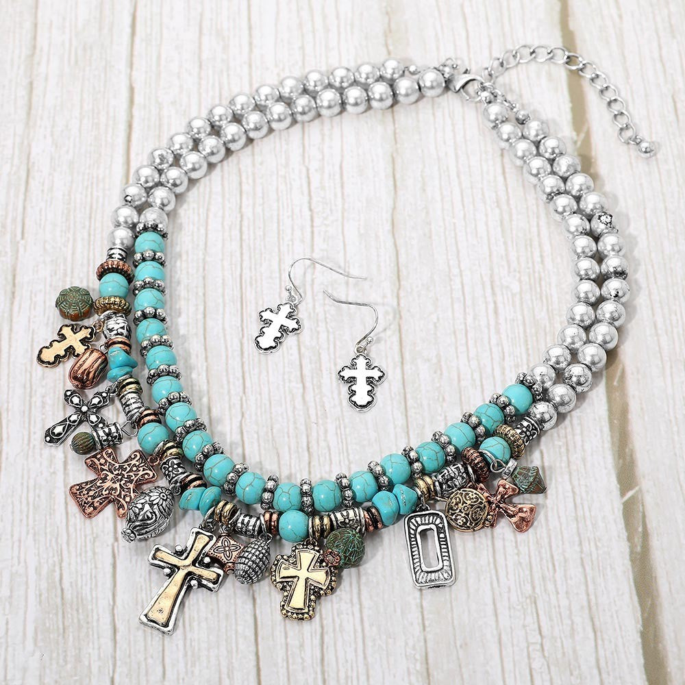 Layered Silver Turquoise Cross Necklace and Earrings Western Set for Women