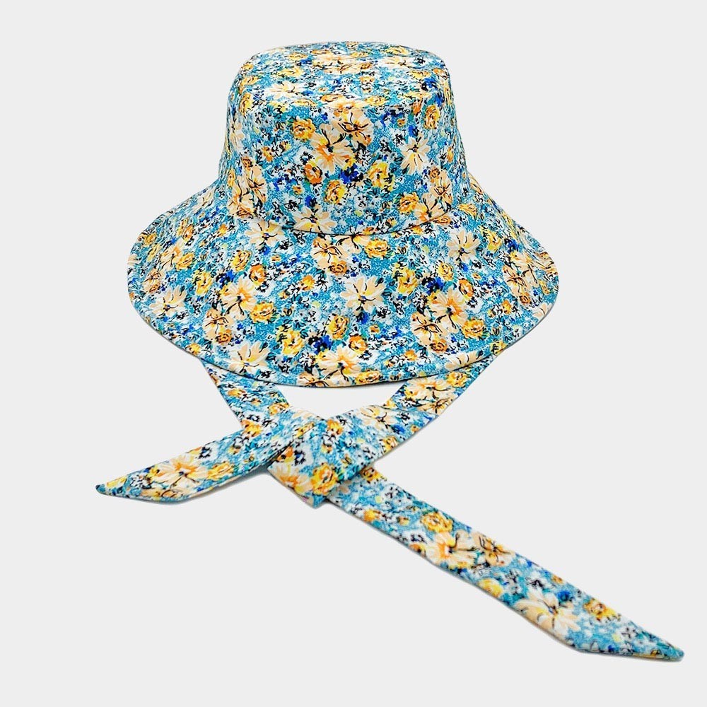 Multi Flower Patterned Bucket Sun Hat Womens One Size 100% Cotton with Chin Tie