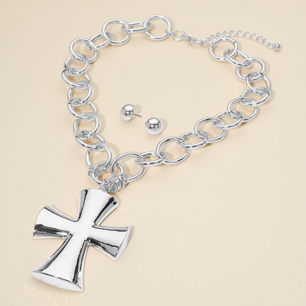 Chunky Metal Rhodium Matte Finish Cross Pendant Necklace with Stud Earrings