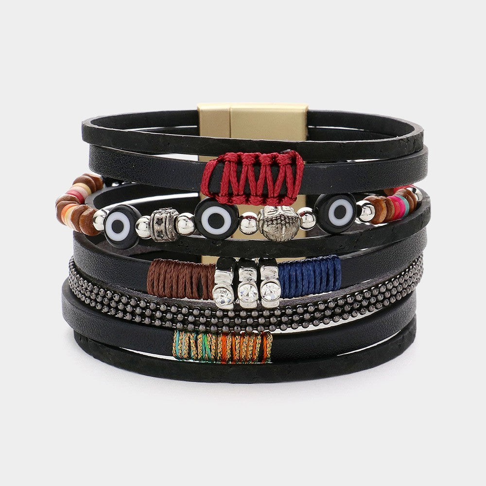 Set of 2 Boho Chic Multi-Layer Black Leather Bracelets with Magnetic Clasp