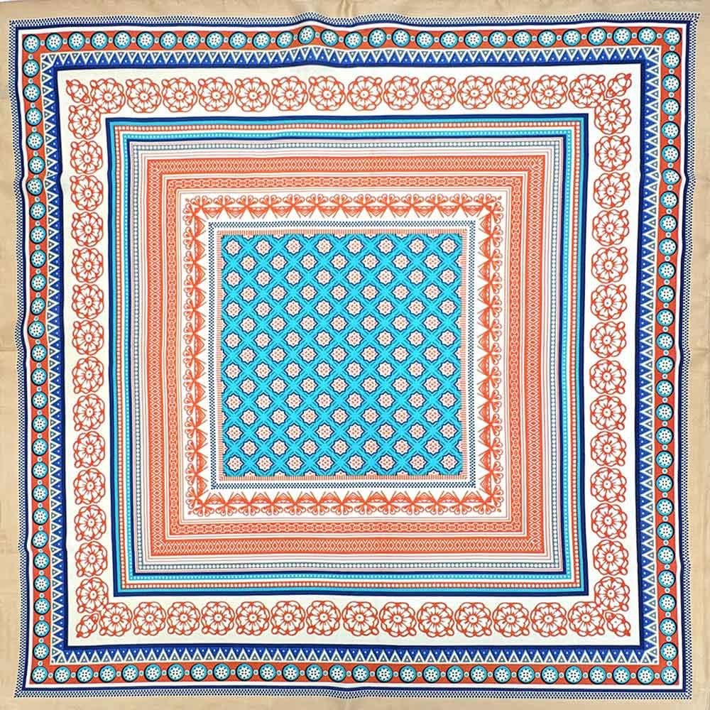 Bohemian Geometric Square Satin Scarf - Teal and Orange Tile Print Neck Wrap