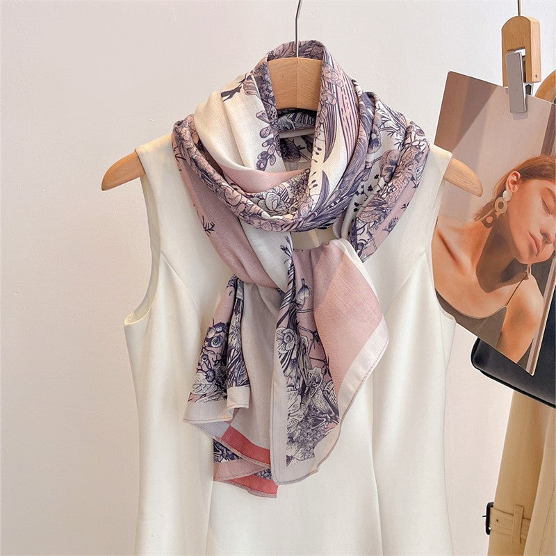 Floral Print Scarf Shawl Pink Blue Botanical Long Wrap Fashion Accessory