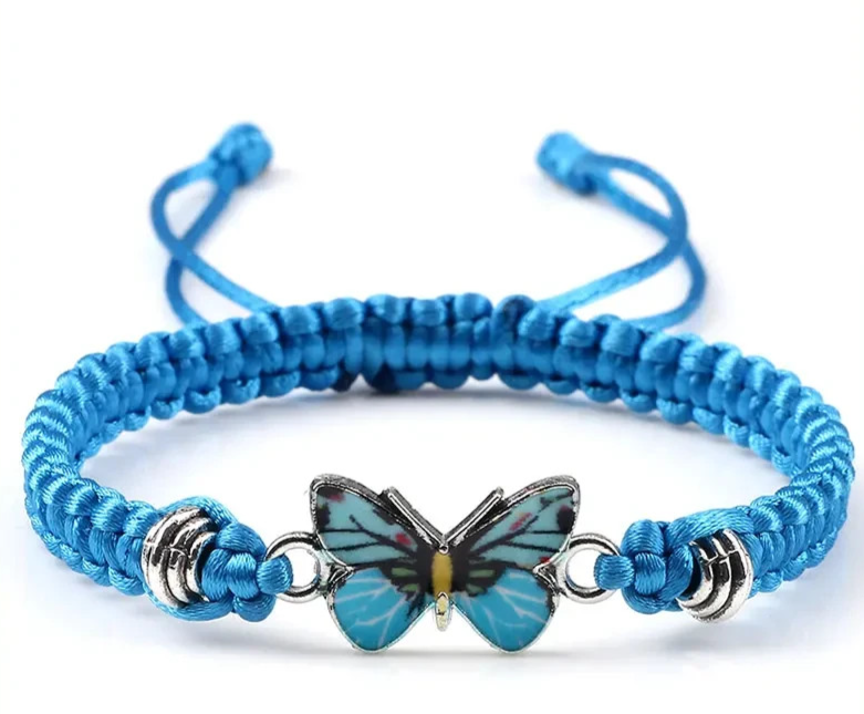 Blue Butterfly Pendant Bracelet for Women Handmade Braided String Adjustable Cha