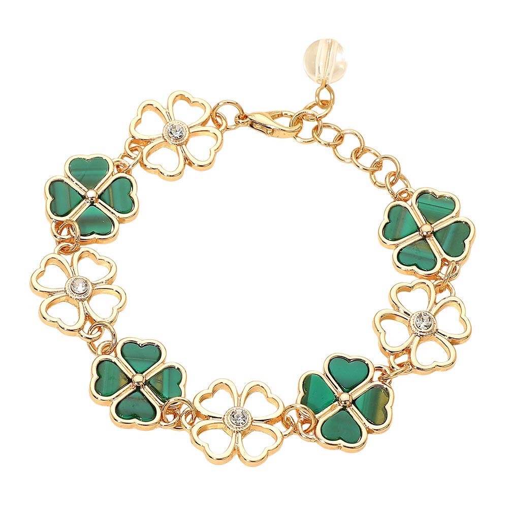 Gold Four Leaf Clover Charm Link Bracelet Green Malachite Style Je