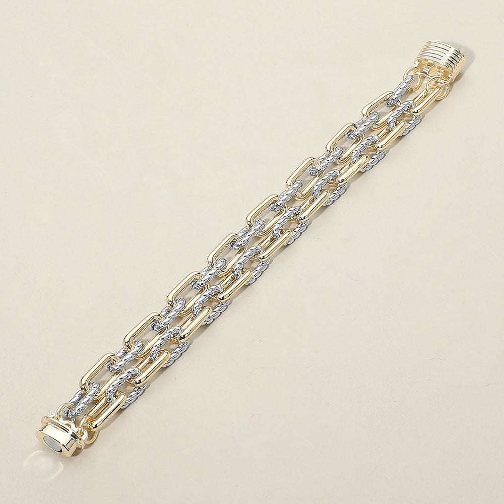 Two-Tone Mixed Metal Chunky Triple Row Link Bracelet with Magnetic Clasp