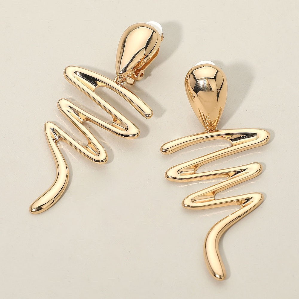 Gold Abstract Zig Zag Dangle Earrings High Polish Minimalist Clip-On Statement