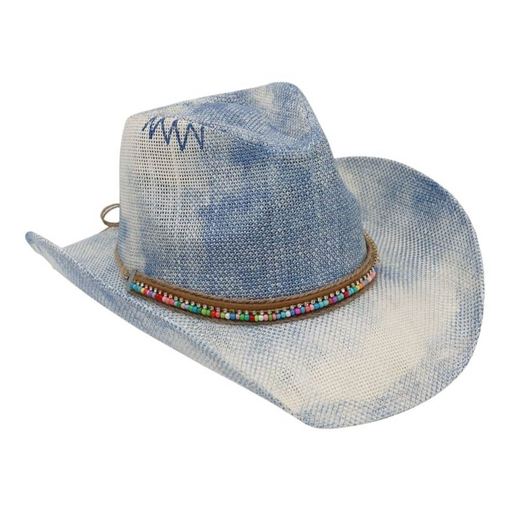 Blue Acid Wash Straw Cowboy Hat with Colorful Seed Bead Band - Western Style