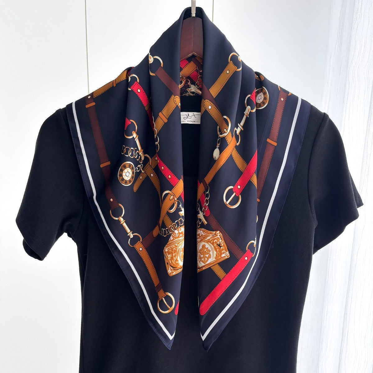 Navy Equestrian Belt & Chain Print Silk Feel Square Scarf 27.5x27.5"