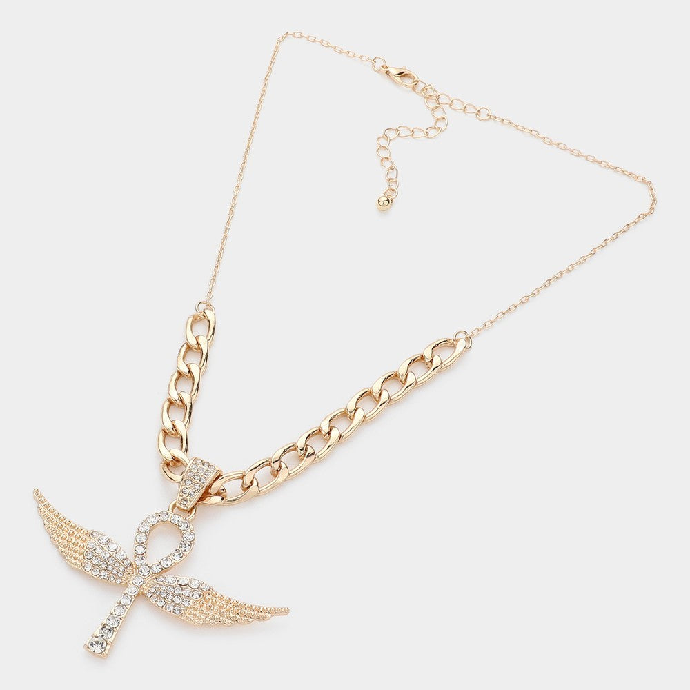 Gold Winged Ankh Angel Pendant Necklace Pave Crystal Hip Hop Bling Chain