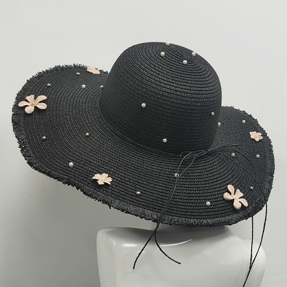 Flower Pearl Embellished Wide Brim Straw Sun Hat for Women Summer Beach