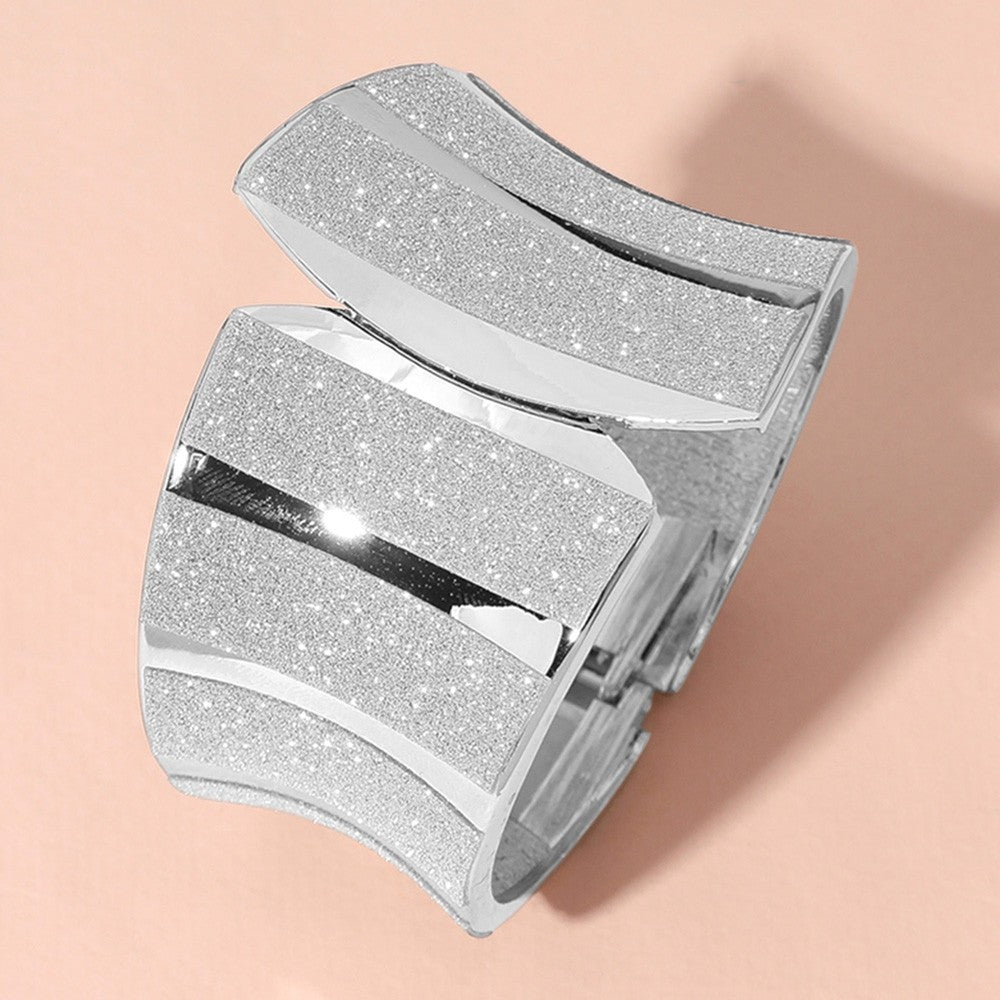 Silver Tone Sparkle Wide Hinged Bangle Bracelet Statement Jewelry for Women