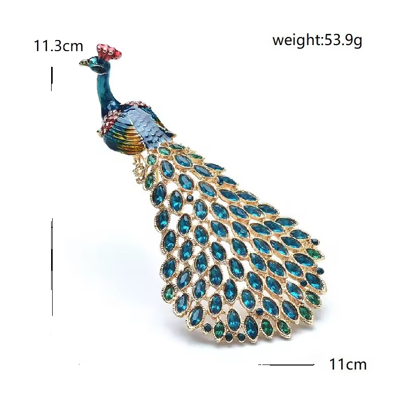 Large Enamel Peacock Brooch: Crystal Teal Statement Pin for Women