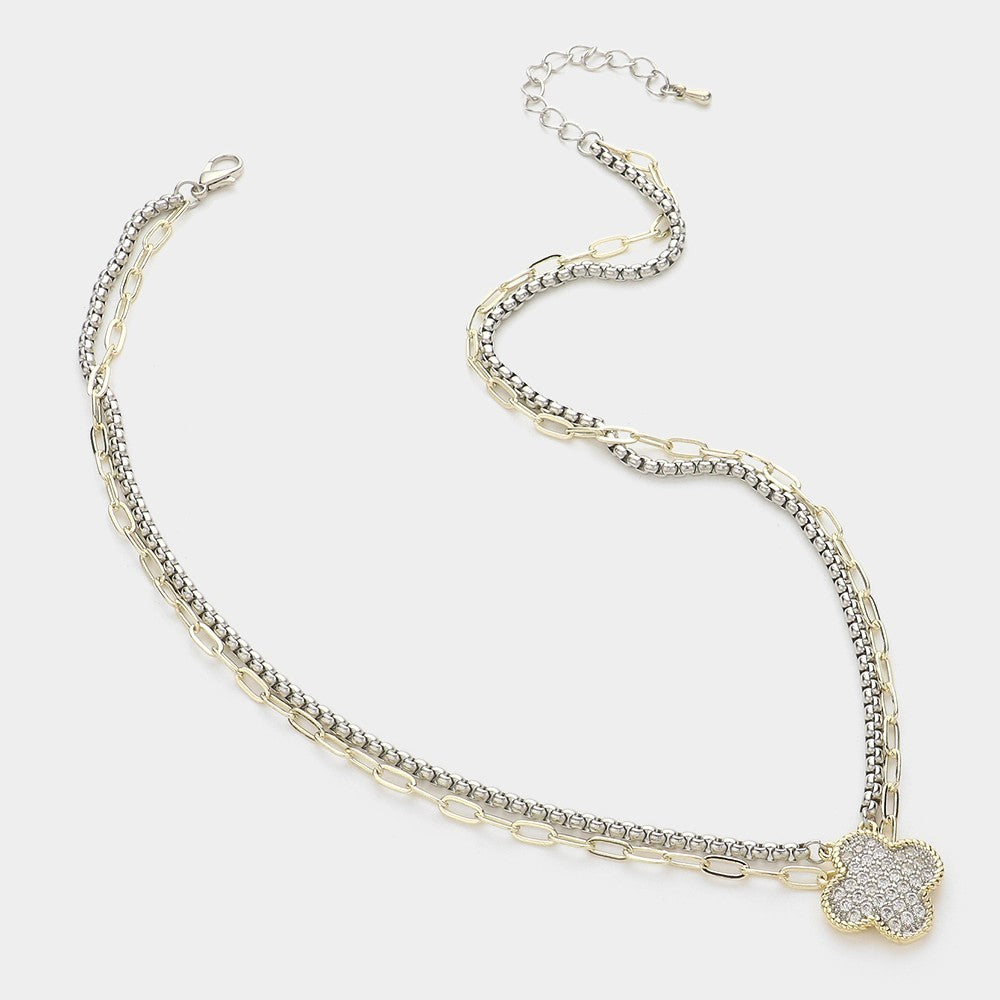 14K Gold Plated Quatrefoil CZ Pendant Layered Necklace Women’s Jewelry Gift