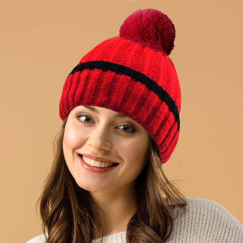Red and Black Striped Knit Pom Pom Beanie Hat - Cozy Winter Ribbed Scull Cap