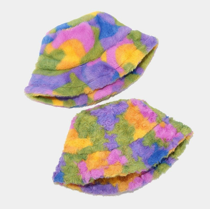 Fuzzy Tie Dye Bucket Hat Multi-Color Rainbow Faux Fur Festival Y2K Streetwear
