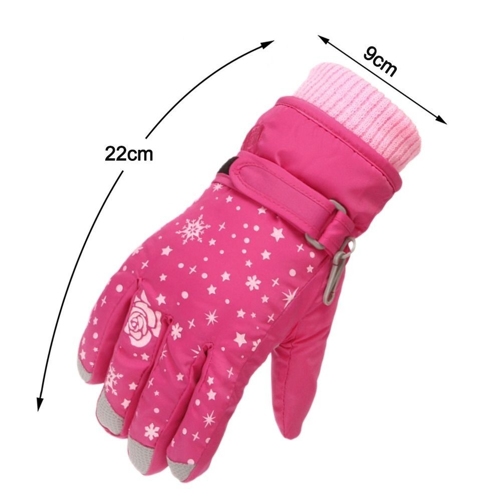 Kids Pink Ski Gloves Warm Fleece Lined Waterproof Snowboard Star Rose Pattern