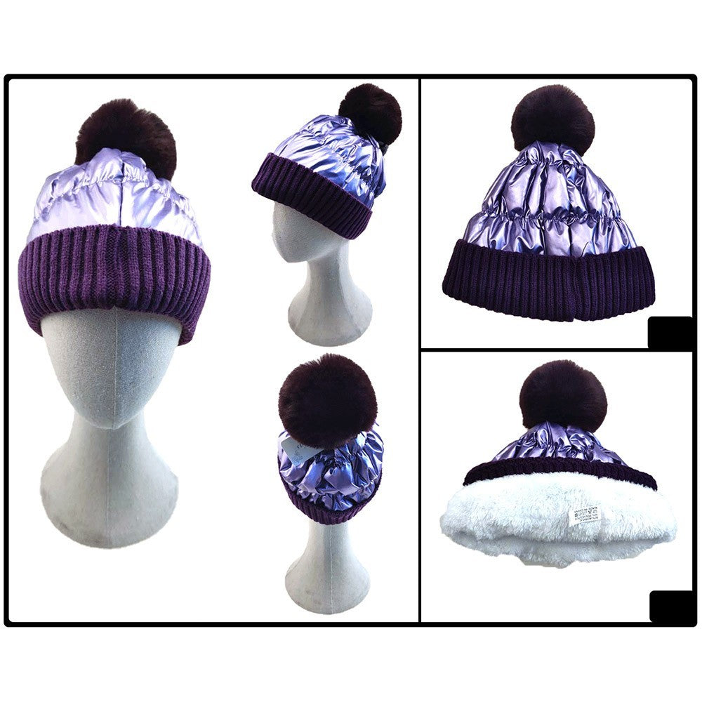 Metallic Purple Quilted Beanie Hat with Pom Pom Fleece Lined Winter Cap One Size