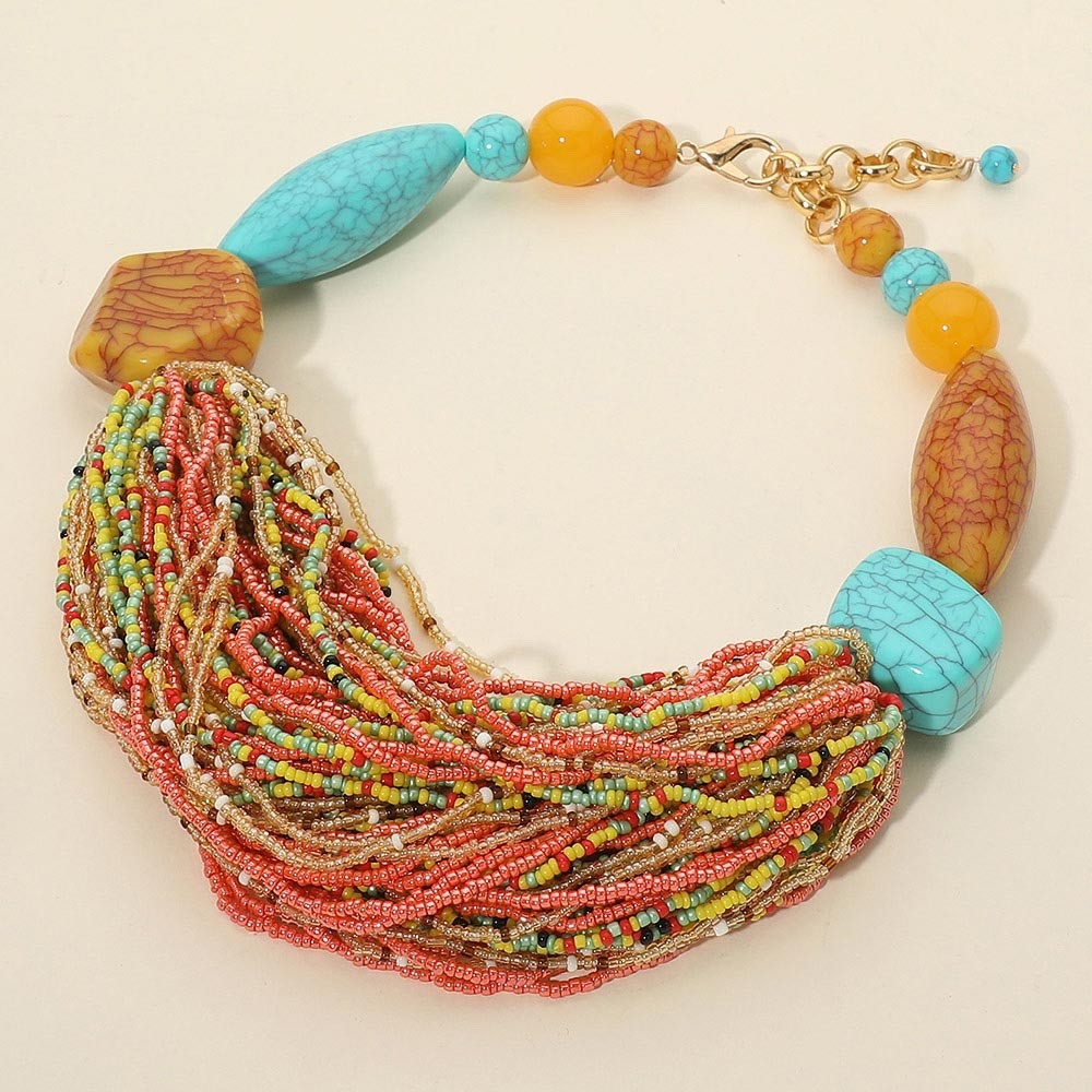 Multi-Strand Seed Bead Turquoise Coral Statement Necklace Fashion Jewelry