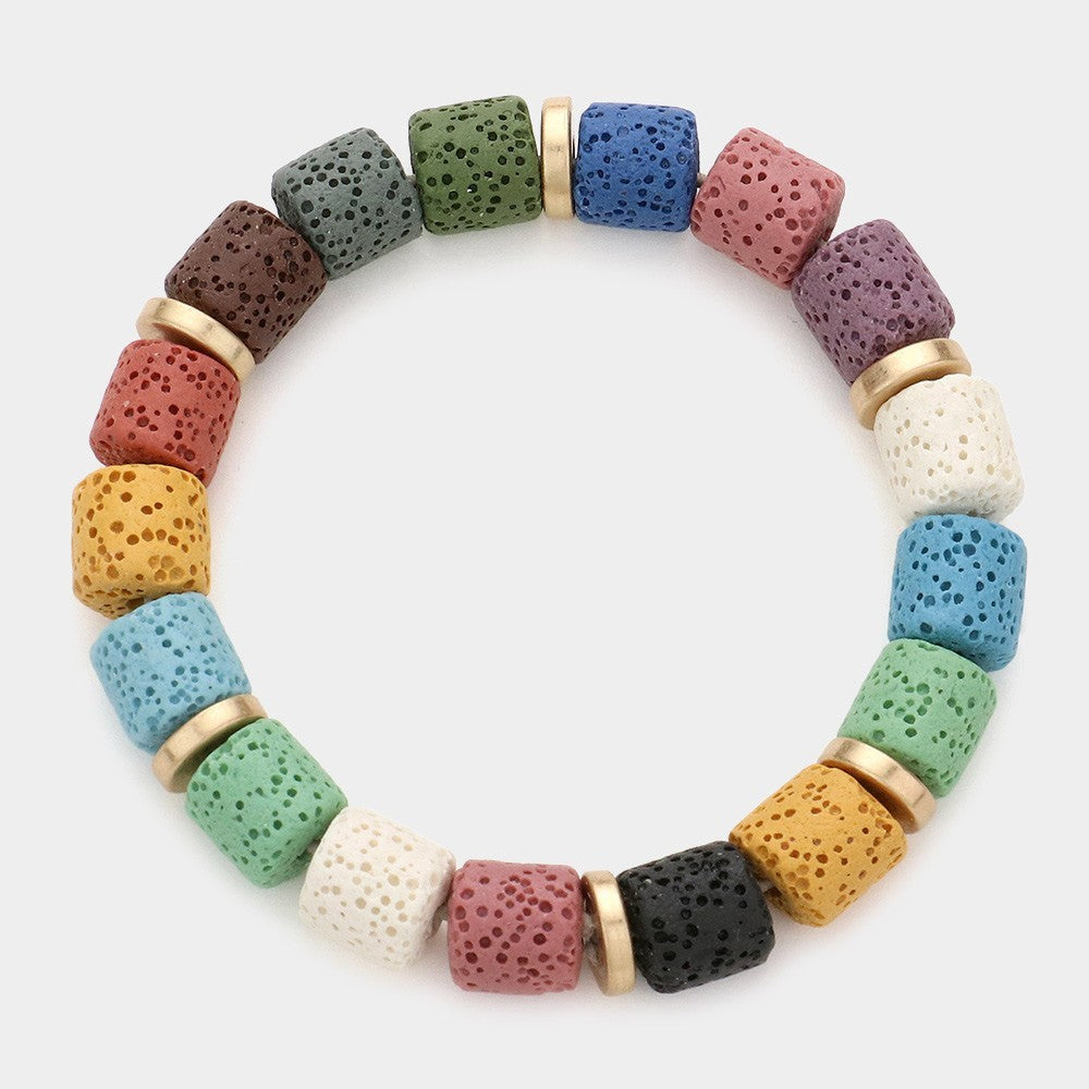 Multicolor Lava Stone Stretch Bracelet with Gold Spacer Beads Beaded Jewelry