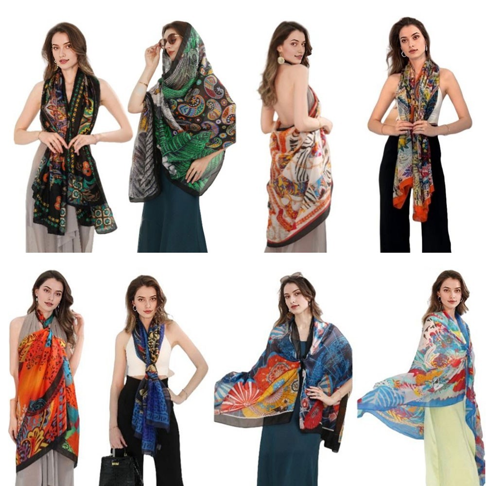 2 Pcs Abstract Paisley Pattern Printed Oblong Silky Satin Scarf Shawl for Women