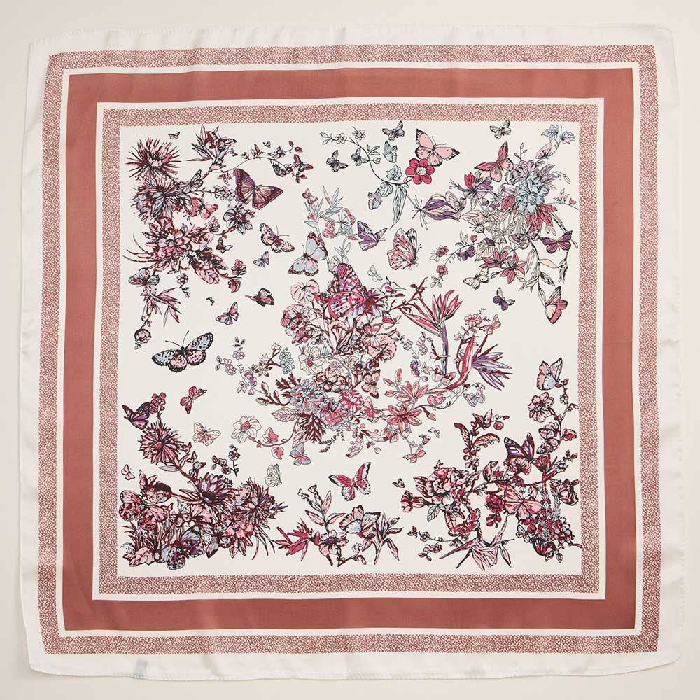 Pink Butterfly Flower Garden Print Square Silky Satin Scarf 25x25