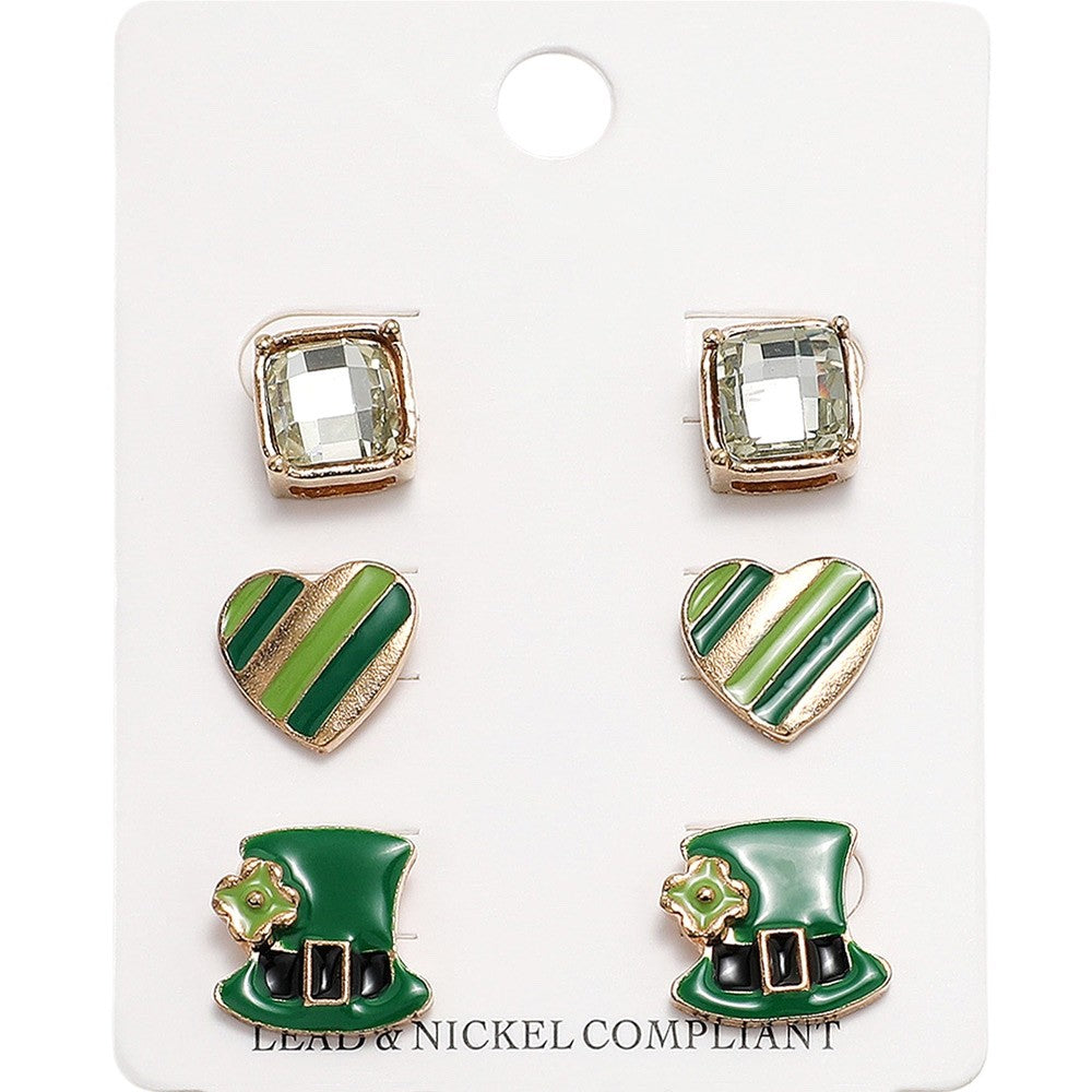 3pc St. Patrick's Day Earring Set Green Leprechaun Hat Heart Crystal Studs 0.5"