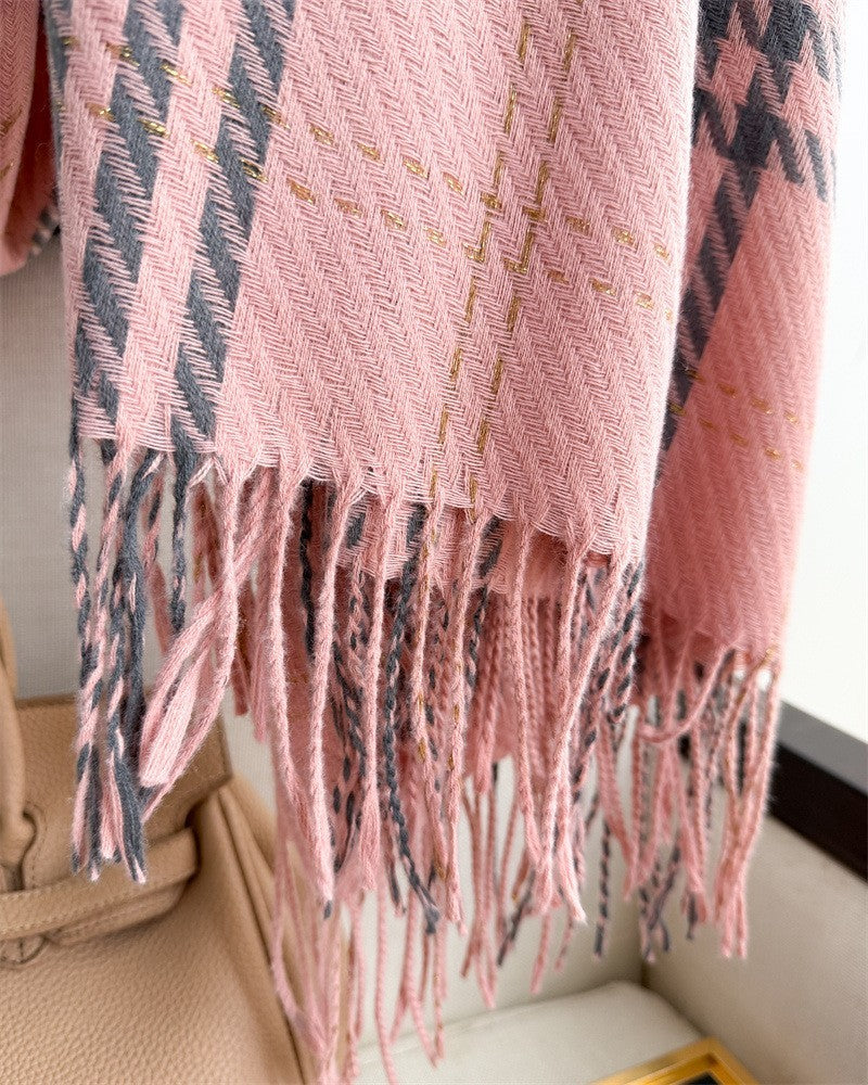 Pink Houndstooth Plaid Scarf Shawl Wrap Metallic Fringe Winter Warm