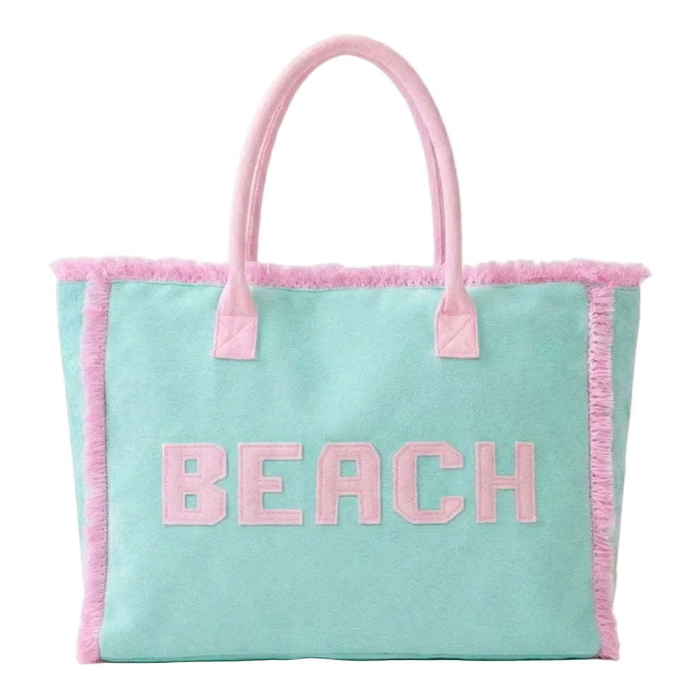 Mint and Pink Terry Cloth Beach Tote Bag with Fringed Trim and Varsity Lettering