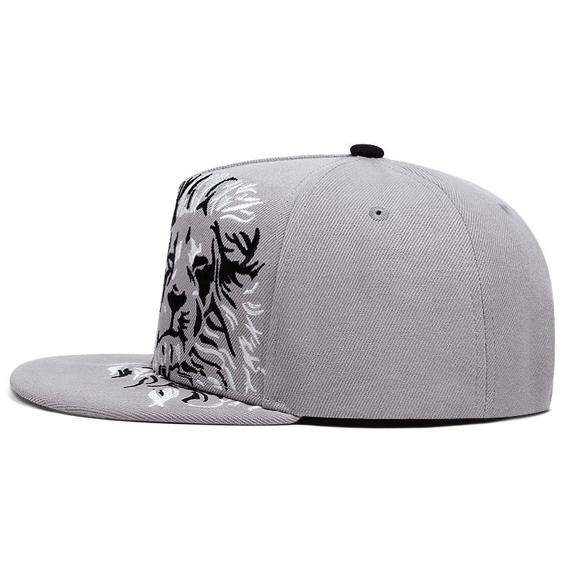 Black White Lion Embroidered Snapback Cap Flat Brim Baseball Hat