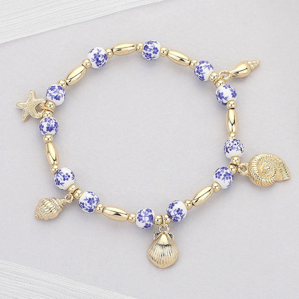 2pcs Gold Tone Beaded Charm Bracelets Nautical Shell Starfish Floral Beads