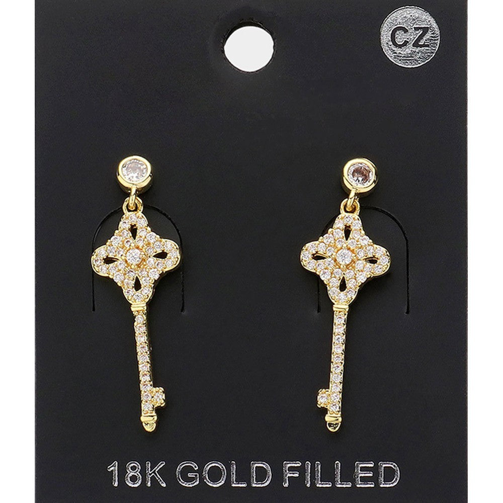 18K Gold Filled CZ Key Drop Dangle Earrings Vintage Style Post Back Jewelry