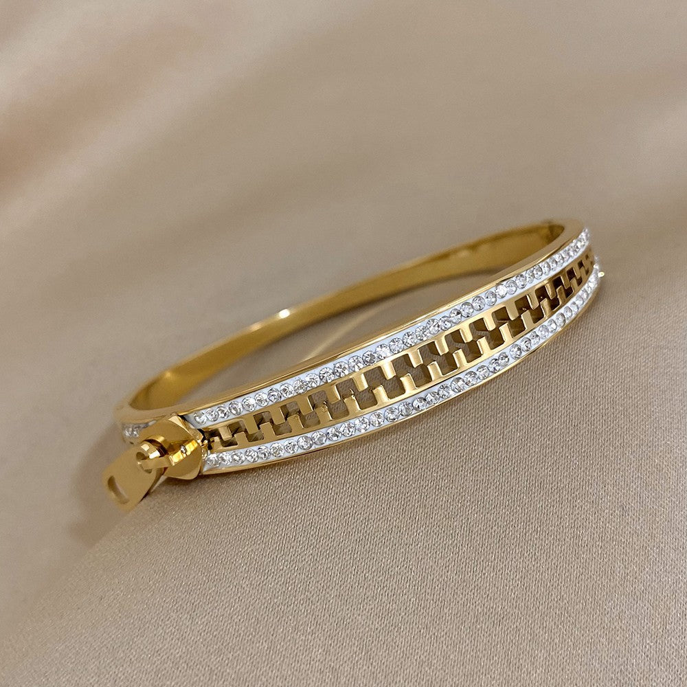 Gold Plated Zipper Charm Bangle Bracelet | Stainless Steel Luxury Zip Hand Jewel