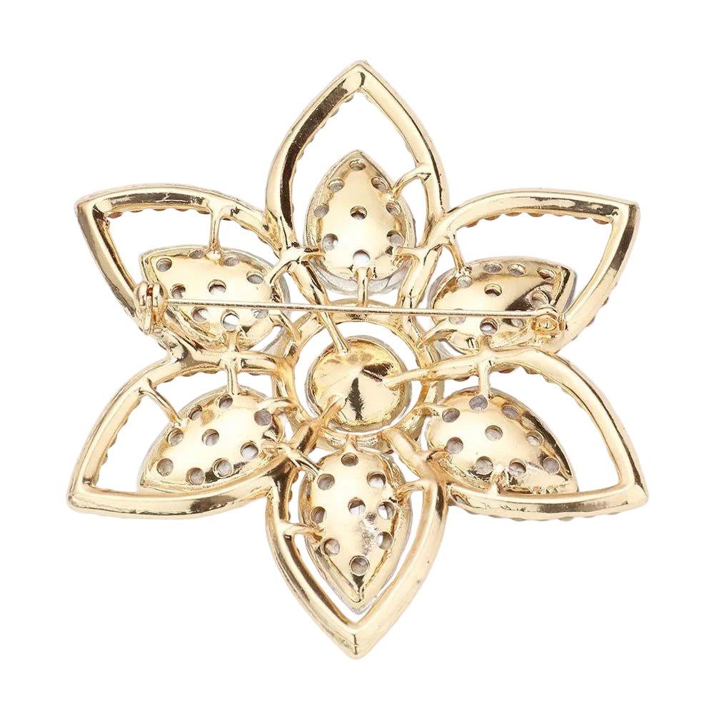 Gold Tone Pink Green Teardrop Crystal Stone Accented Flower Pin Brooch for Women