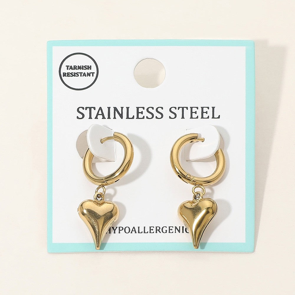 Gold Stainless Steel Puffy Heart Charm Hoop Earrings, Hypoallergenic, 1.25"