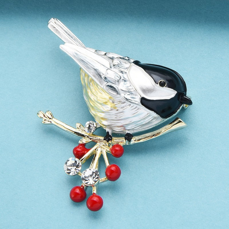 Chickadee Bird Brooch Pin Rhinestone Animal Jewelry Enamel Winter Gift