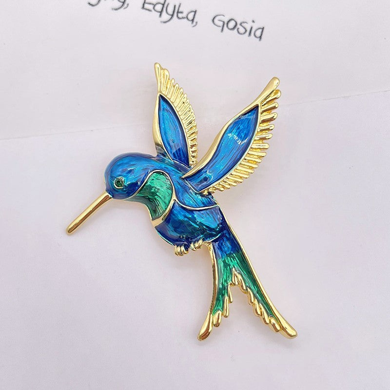 Elegant Enamel Hummingbird Brooch Gold Tone Blue Green Animal Bird Pin Gift