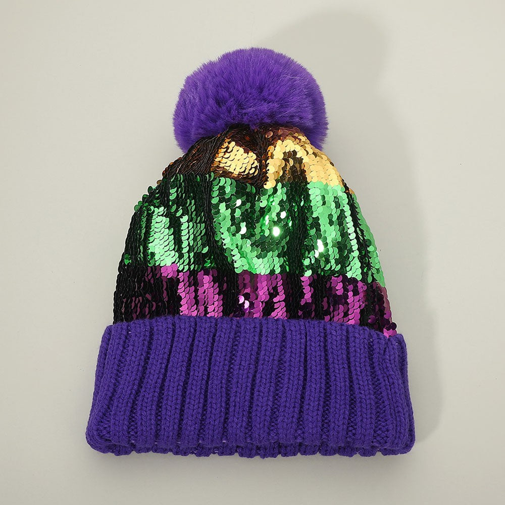 Mardi Gras Beanie Sequin Purple Green Gold Pom Pom Winter Hat Party Costume