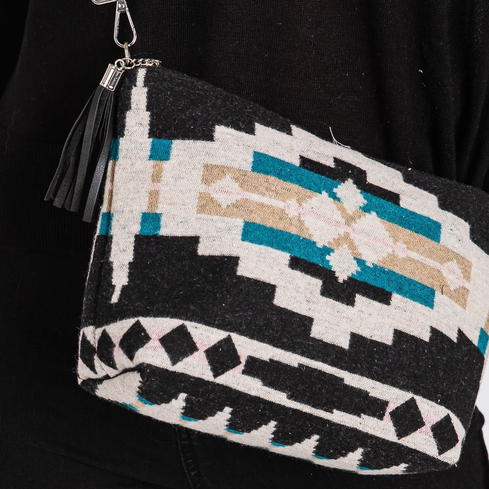 Bohemian Southwestern Pattern Crossbody Bag with Tassel Detail and Guitar Strap