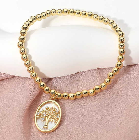 Stainless Steel Tree of Life Mother of Pearl Charm Beaded Stretch Bracelet