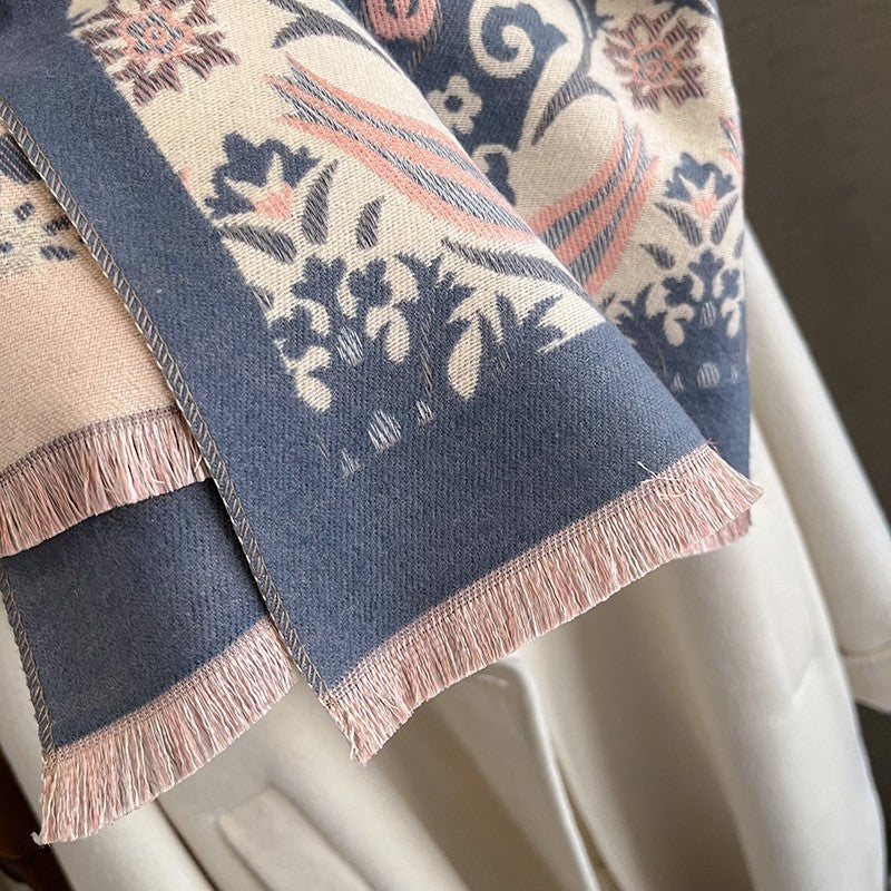 Floral Turkish Tulip Pashmina Scarf Blue Pink Cream Wrap Cashmere Feel