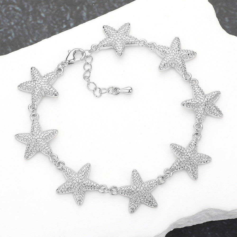 Textured Metal Starfish Link Bracelet Summer Beach Ocean Nautical Jewelry