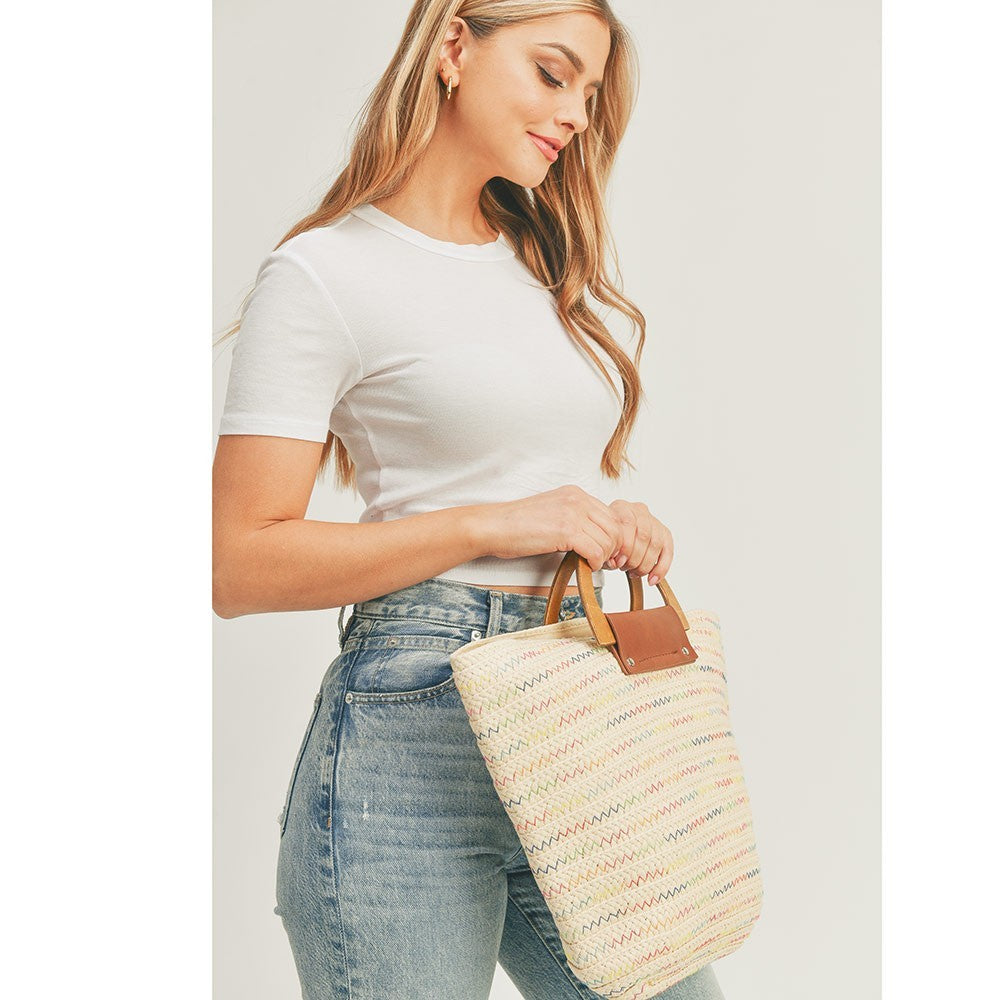 Zigzag Chevron Straw Tote Bag with Wooden Handles – Boho Summer Beach Purse