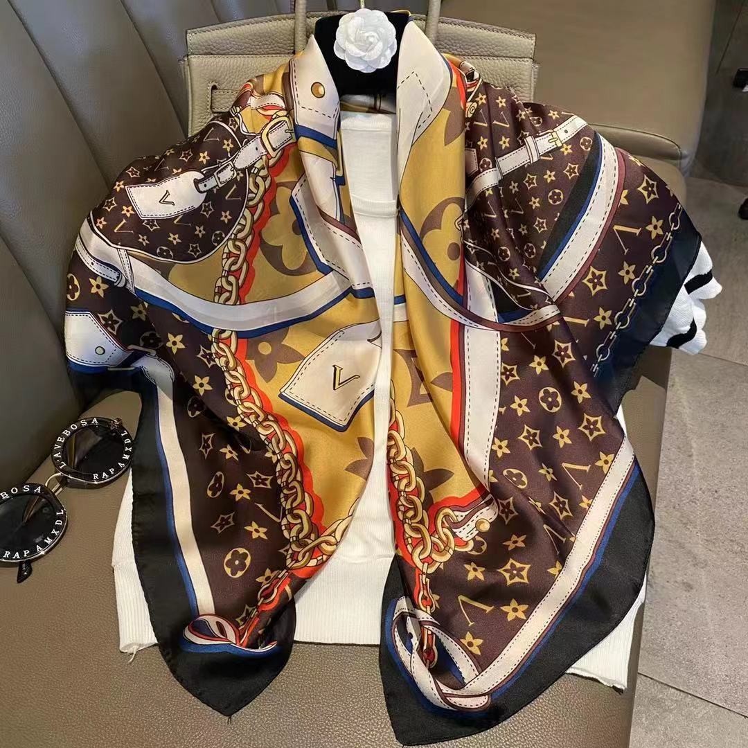 Luxury Silk Feel Satin Scarf Women Designer Style Chain Belt Print Wrap Shawl